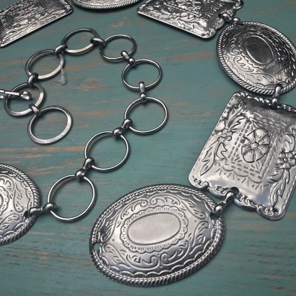 Metal Conch Belt Chunky Vintage Silver Real Metal Studded Womens Chain Link - Picture 11 of 12